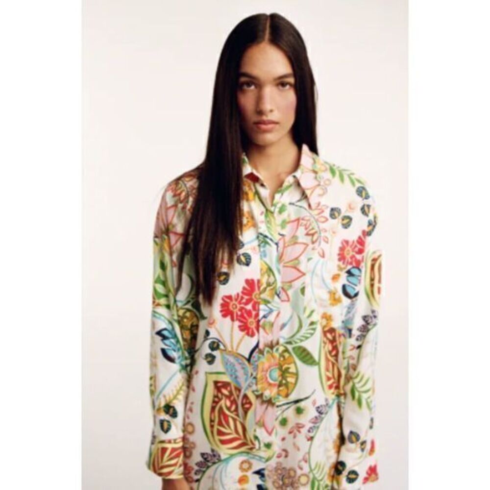 ZARA Printed Shirt Collar Multicolored Jumpsuit SM